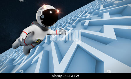 L'astronaute cartoon personne survolant immense labyrinthe sans fin (structure 3d illustration de fond) Banque D'Images