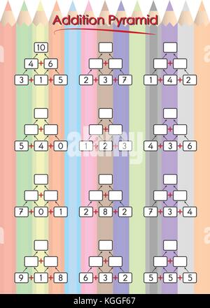 Pyramides mathématiques calcul mental pour la pratique, compléter la feuille de travail de maths, chiffres manquants pour élèves de maternelle Illustration de Vecteur