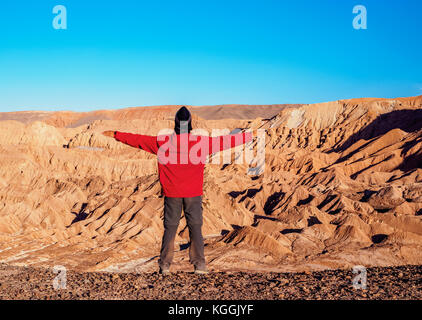 Homme regardant au mars vallée ou la vallée de la mort, San Pedro de Atacama, désert d'Atacama, région d'Antofagasta, Chili Banque D'Images