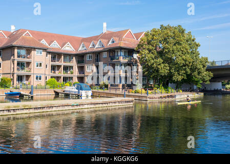 Grand complexe résidentiel au bord de l'eau sur la rivière cam et étudiant de l'aviron sur un skiff à Cambridge, England, UK Banque D'Images