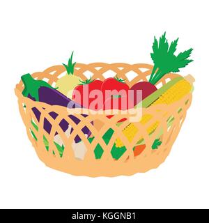 Vector illustration panier en osier avec plein d'aliments naturels et biologiques. légumes aubergine, tomate, radis, maïs d'or, l'ail et l'oignon. Illustration de Vecteur