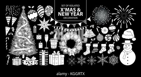 Ensemble de décoration silhouette blanche isolée pour noël et nouvel an. vector illustration en avion blanc aucun contour sur fond noir. Illustration de Vecteur