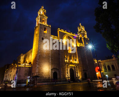 La cathédrale de San Ildefonso. Mérida, Mexique la nuit Banque D'Images