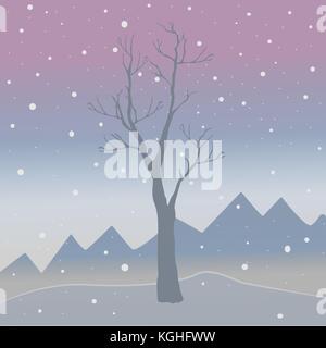 Arbre d'hiver avec peu de petits fruits et d'oiseaux rouge sur un fond de montagnes à froid et sombre ciel neige saison enneigée. nature paysage naturel. vec Illustration de Vecteur