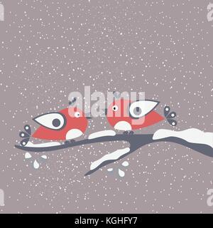 Deux oiseaux assis sur une branche dire 'bonjour' hiver. bonjour l'hiver avec carte cartoon un oiseaux sur une branche couverte de neige. chemin d'hiver. salutation ca Illustration de Vecteur