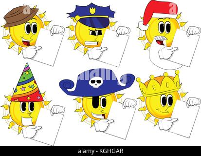 Cartoon holding sun livre blanc et pointant sur elle. collection de costumes avec expressions. vector set. Illustration de Vecteur