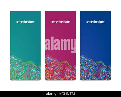 Enregistrer la date fixée pour les cartes vectorielles, boho paisley ornement sur lumineux vertical bannières - invitations, affiches, cartes modèle - stilyzed indien hindi . Illustration de Vecteur