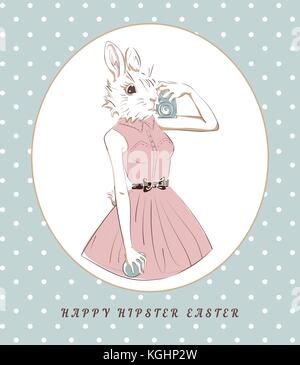 Lapin de Pâques avec des œufs et de l'appareil photo dans l'image, style hipster selfies, modèle de carte. Illustration de Vecteur