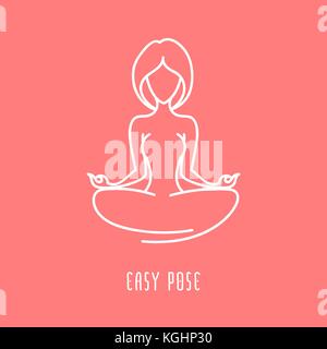 Yoga pose l'icône de la ligne plate, simple signe de femme en pose facile, contour blanc isolé sur le logo rose pêche - vecteur de l'asana de ajna chakra, éléments de design Illustration de Vecteur