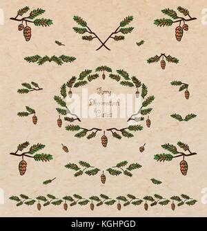 Vector set of cute pin brindilles d'éléments décoratifs, des frontières et des vignettes faite de cônes de sapins et les branches pour les cartes et la conception réaliste sur ca Illustration de Vecteur