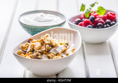Le yogourt et petits fruits muesli. petit-déjeuner sain avec du yogourt muesli et fruits frais. Banque D'Images