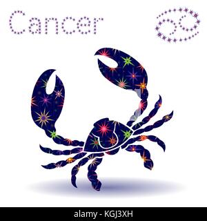 Signe astrologique Cancer, hand drawn vector avec pochoir étoile stylisée isolé sur fond blanc Illustration de Vecteur