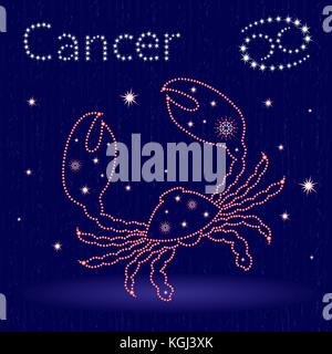 Signe astrologique Cancer sur le ciel étoilé, hand drawn vector illustration avec étoiles stylisées sur fond bleu Illustration de Vecteur