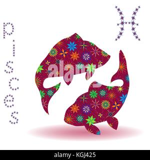 Signe astrologique Poissons, silhouette vecteur claret avec étoile multicolore stylisé isolé sur fond blanc Illustration de Vecteur