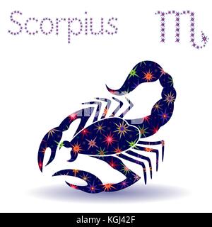 Signe astrologique Scorpion, hand drawn vector avec pochoir étoile stylisée isolé sur fond blanc Illustration de Vecteur