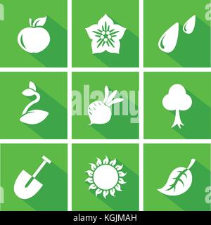Vector set de jardinage télévision icônes, collection de l'agriculture signe avec l'ombre dans le vert. Illustration de Vecteur