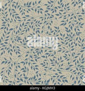 Motif floral seamless - vector illustration d'ornement bleu détaillé des brindilles et branches recourbés sur fond d'olive Illustration de Vecteur