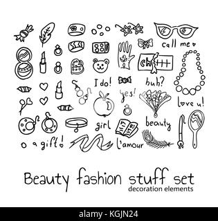 Mode et beauté linéaire vector doodles set - icônes et des croquis du maquillage et d'accessoires que le contour noir isolated on white Illustration de Vecteur