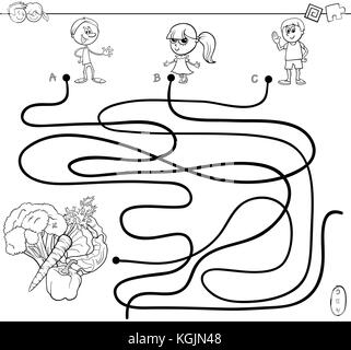 Illustration cartoon noir et blanc des chemins ou activité puzzle labyrinthe jeu avec les enfants et les caractères des légumes sains Coloring Book Illustration de Vecteur