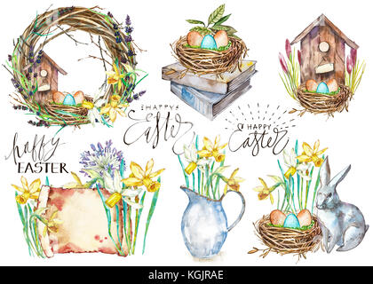 L'aquarelle à la main avec des nids d'oiseaux Oeufs de Pâques , design. illustration isolé sur fond blanc. Banque D'Images