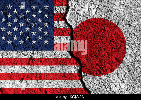 Fissure entre l'Amérique et le Japon drapeaux. relation politique concept Banque D'Images