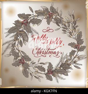 Carte de Noël vintage avec holly jolly lettrage pinceau, gui et couronne de pin. Illustration de Vecteur