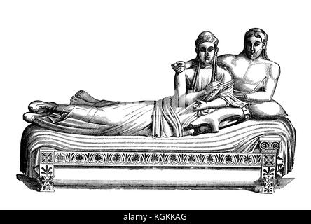 Sarcophage des époux, fait en terre cuite au VI siècle av. J.-C., chef-d'œuvre de l'art étrusque de Caere (aujourd'hui Cerveteri), représente un couple marié banquet ensemble dans l'au-delà Banque D'Images