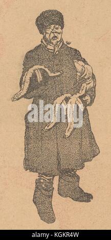 Illustration accompagnant une histoire du journal satirique russe Bich (fléau) représentant un homme en vêtements civils tenant des chapeaux armés, qui sont généralement portés par des officiers et des fonctionnaires militaires de haut rang, 22 mars 1917. Banque D'Images