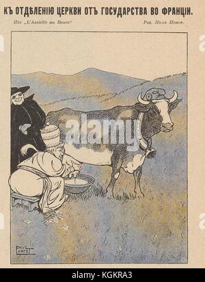 Caricature du journal satirique russe Na Rasputi (à la croisée des chemins) représentant un personnage de l'église debout et regardant un autre traire une vache portant un bonnet phrygien, symbole de liberté, et un collier bombé qui dit "France" dessus, avec un texte indiquant "à la séparation de l'Église et de l'État en France", 1906. Banque D'Images
