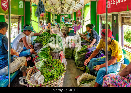 Yangon, Myanmar ligne circulaire - oct. 22, 2017 : marchands de bord du train avec des légumes dans des sacs et des paniers en rotin pour couper et découper-les à bord. Banque D'Images