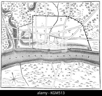 Un plan de Londinium, ou de Londres, autour de l'an 70, autour de laquelle les murs romains peut être vu. La petite colline (marqué n° 3) est l'emplacement de la Cathédrale St Paul. Nuimbers indiquent les endroits où d'autres trésors et des antiquités romaines ont été trouvés. L'Angleterre. Banque D'Images