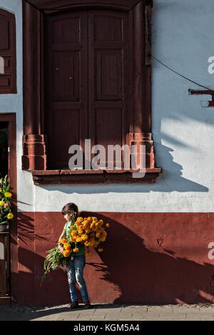 Une jeune fille tient des grappes de fleurs marigolées pour le festival Day of the Dead le long d'une rue à Santa Clara del Cobre, Michoacan, Mexique. Banque D'Images