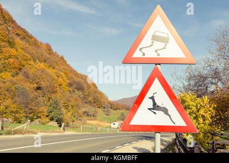 Attention la signalisation routière sur chaussée glissante et animaux sauvages sur l'automne ensoleillé ou automne Banque D'Images