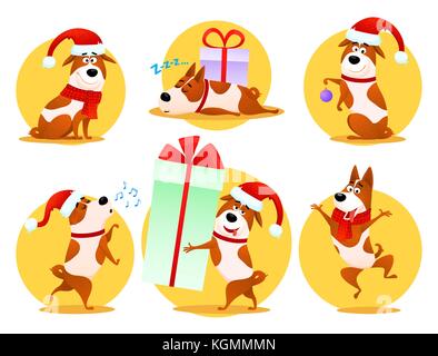 Dessin animé de Noël chien des émoticônes. Autocollants Emoji. Illustration de Vecteur
