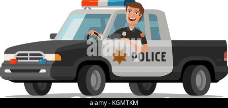 Le shérif heureux monte en voiture. Camionnette de police. Illustration vectorielle de dessin animé Illustration de Vecteur