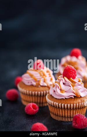 De délicieux petits gâteaux au caramel et framboise sur fond sombre Banque D'Images