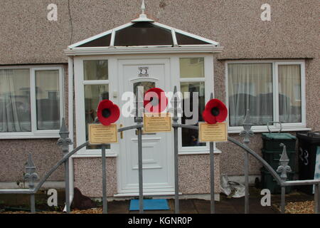 Conwy, pays de Galles du Nord, Royaume-Uni. 10 novembre 2017. Des coquelicots ont été attachés sur des postes de garde à travers Conwy pour commémorer les militaires qui vivaient dans les propriétés, avant qu'ils ne soient morts pendant les guerres 1 et 2. Une maison particulière affiche trois coquelicots, crédit: Michael Clarke/Alamy Live News Banque D'Images