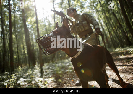 Photo de joueur d'airsoft avec mitraillette et chien Banque D'Images