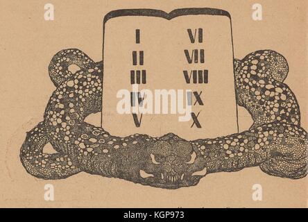 Illustration du journal satirique russe Maski (masques) représentant un serpent, probablement le serpent d'Éden, enroulé autour de deux tablettes jointes avec les chiffres romains pour les nombres un à dix écrits dessus, représentant les dix Commandements, 1906. Banque D'Images