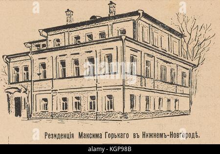 Illustration de la revue satirique russe Bomby (bombes) représentant un bâtiment résidentiel, avec la lecture de texte 'Residence of Maxim Gorky in Nizhny Novgorod', se référant à un célèbre écrivain russe et activiste politique au début du 20th siècle, 1905. Banque D'Images