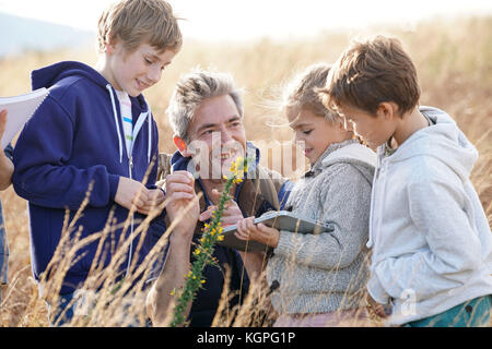 En enseignant les enfants à la campagne pour découvrir les plantes et les fleurs Banque D'Images