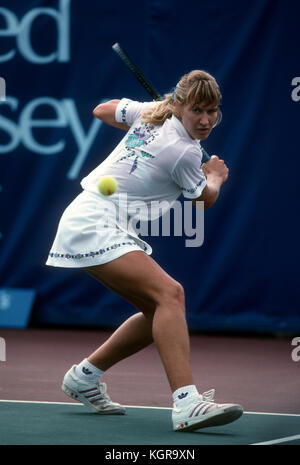 Steffi Graf alignement d'un revers lors d'un match de Mahwah, New Jersey en 1989. Banque D'Images