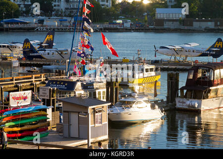 Les avions de la mer et des bateaux amarrés à Victoria, Colombie-Britannique, Canada baignés dans la fin d'après-midi. Banque D'Images