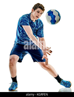 Un joueur de handball du Caucase adolescents dans studio isolé sur fond blanc Banque D'Images