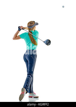 Un caucasian woman woman golfer au golf dans studio isolé sur fond blanc Banque D'Images