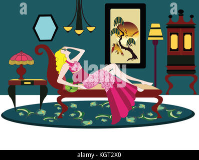 Chambre art déco avec femme assise sur le canapé Banque D'Images