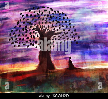 Silhouette de femme et d'arbre de plus le conte de sky- aquarelle peinture numérique abstraite Banque D'Images