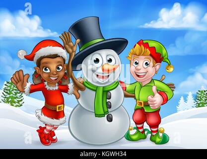 Dessin animé Noël Snowman et Elf Santas Helpers Illustration de Vecteur
