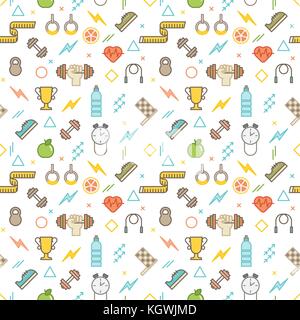 Motif vectoriel de style ligne illustré sans couture avec poids, haltères, coupes de champion, bouteilles d'eau et autres objets sportifs Illustration de Vecteur