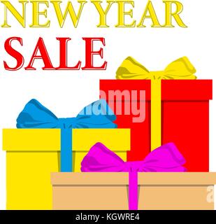 Oui newr vente poster avec pile de cadeaux emballés colorés et ribbon bow. Illustration de Vecteur